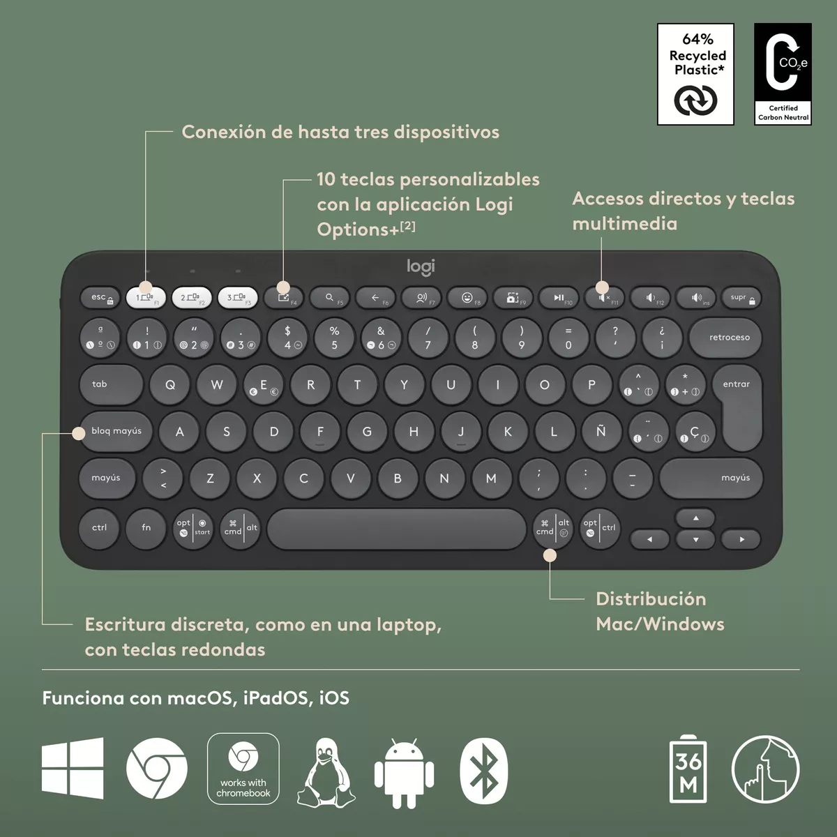 Combo Logitech Pebble 2: Teclado K380s + Mouse M350s - Imagen 8