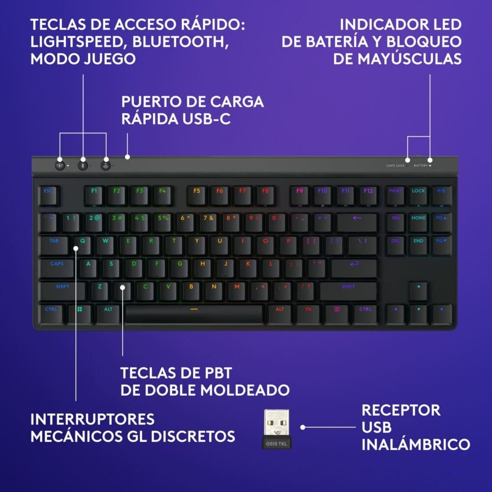 Teclado Gamer Mecánico Inalámbrico Logitech G515 TKL LIGHTSPEED RGB - Imagen 6
