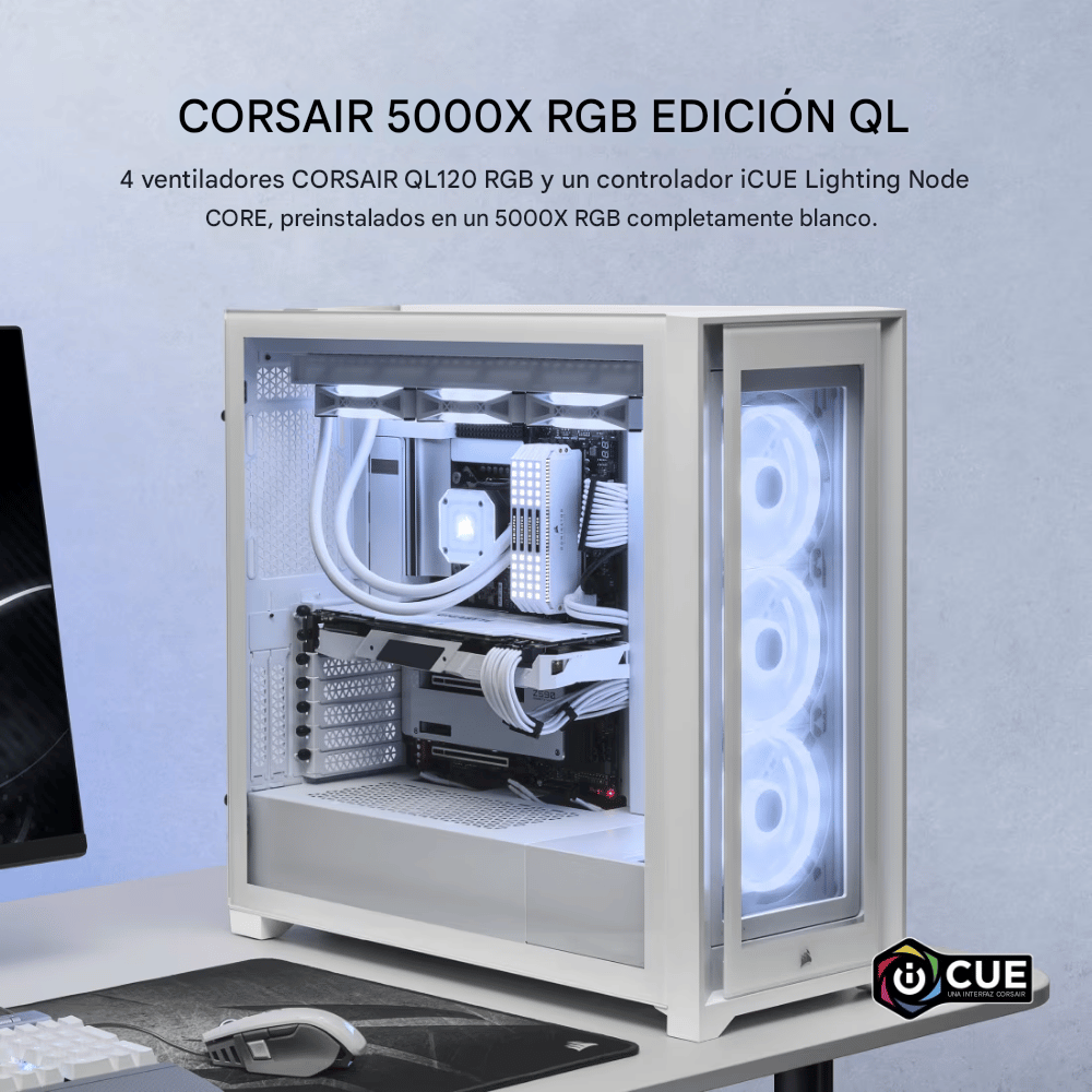 Chasis ATX semitorre iCUE 5000X RGB QL Edition — True White (2)