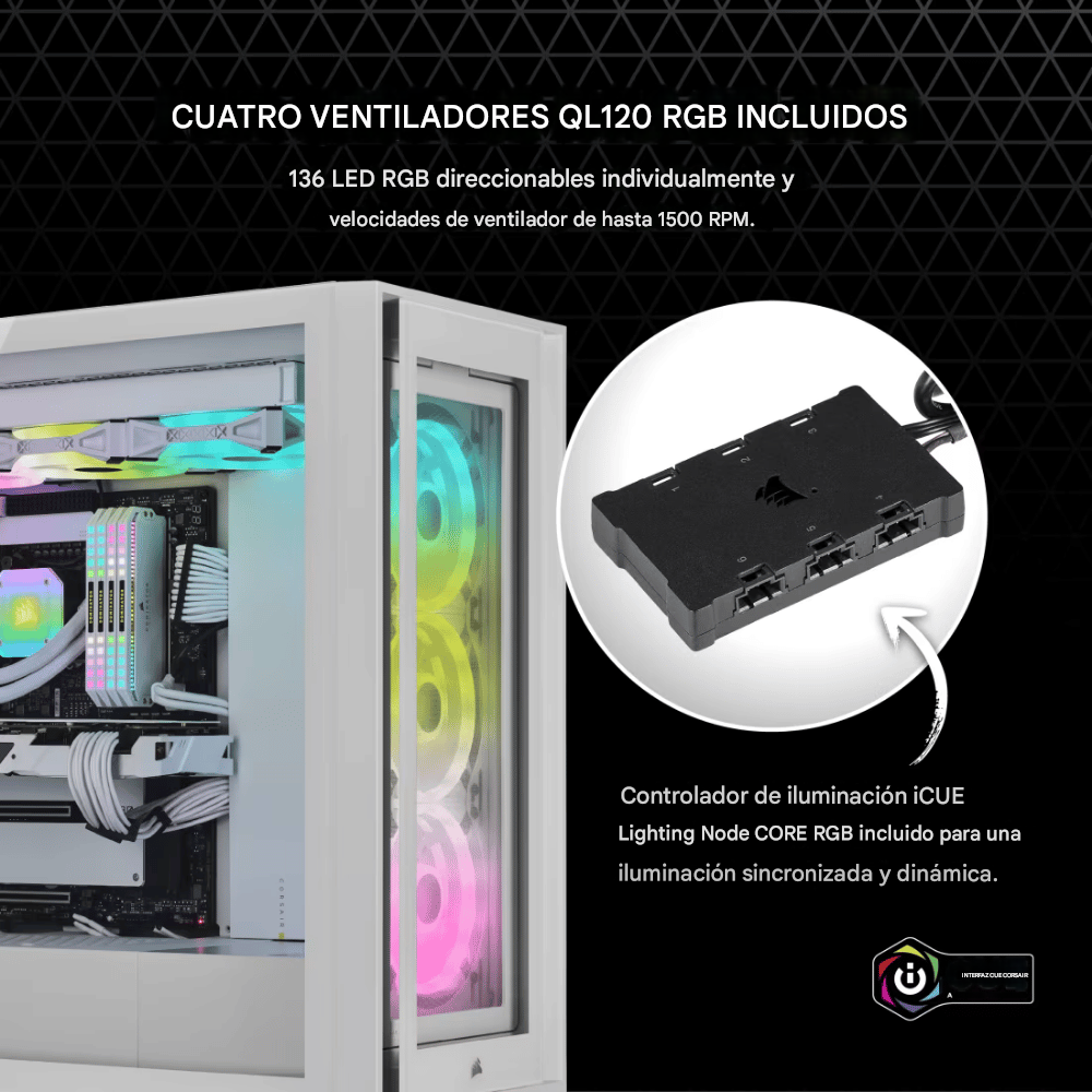 Chasis ATX semitorre iCUE 5000X RGB QL Edition — True White (4)